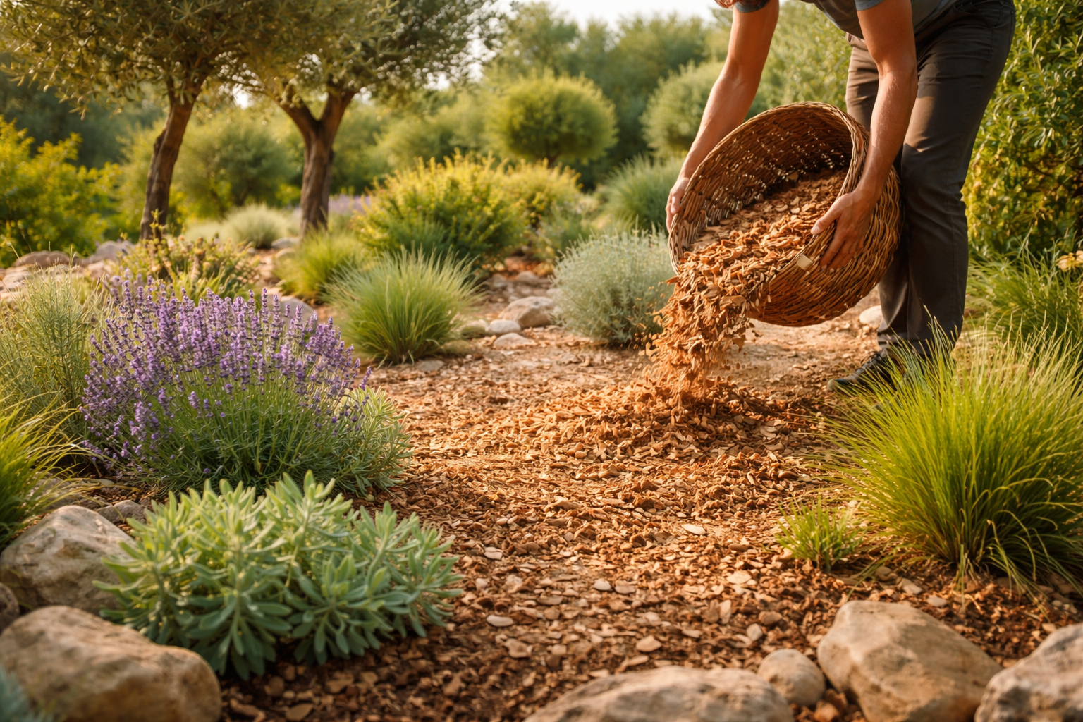 Massifs et paillage dans un jardin du Var